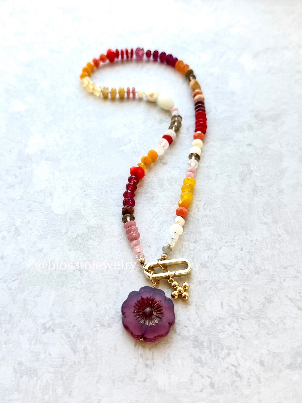 Handmade Colorful Gemstone Beaded Charm Holder Necklace Pearl Citrine Jade 14k